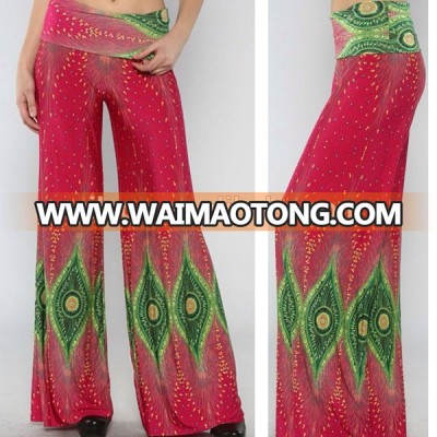 2015 High Waist Foldover Bright Fuchsia Peacock Wide Leg Pants For Women QL1748